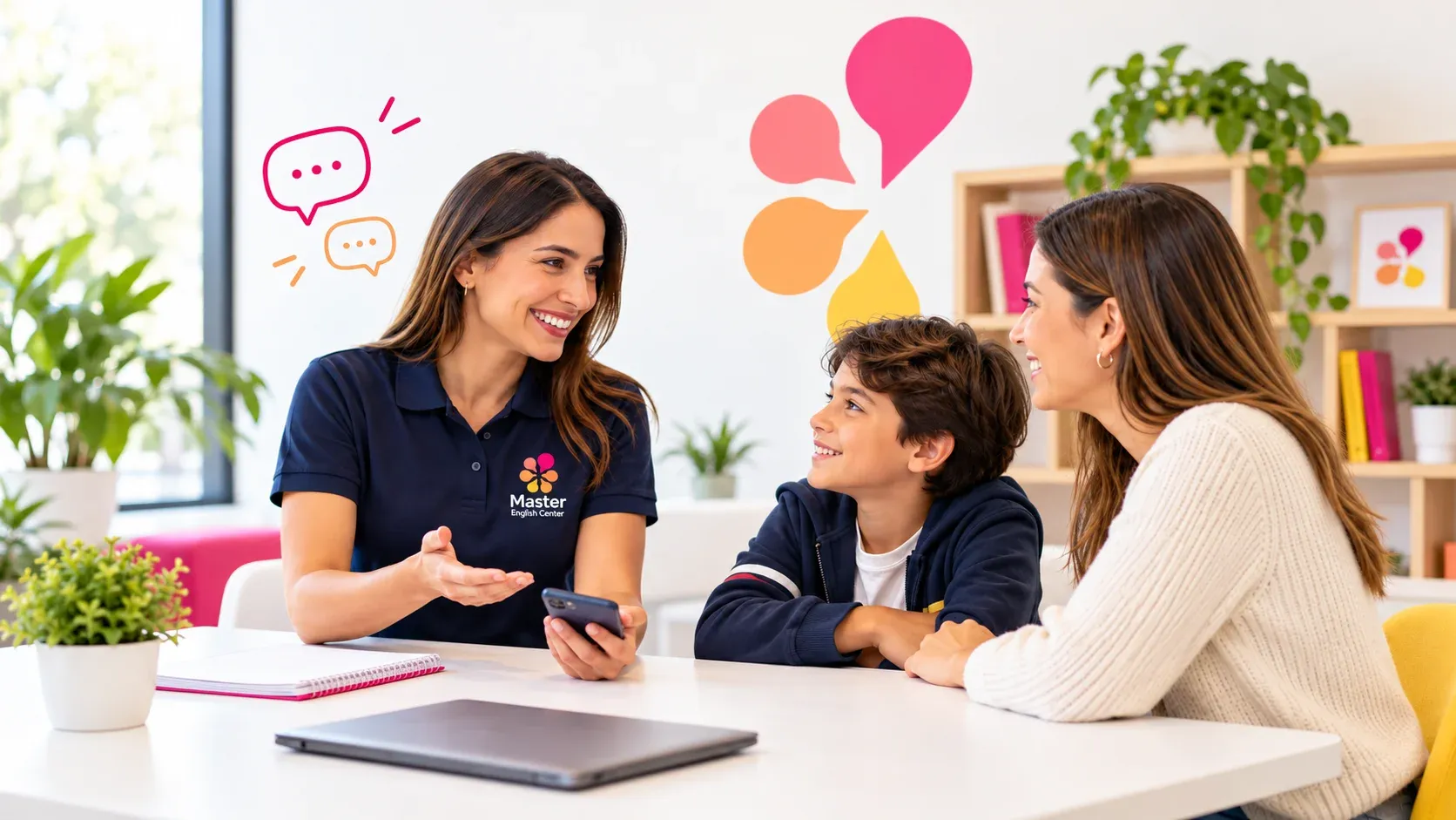 Una asesora de Master English Center charla con una mamá y su hijo en una mesa de la sede
